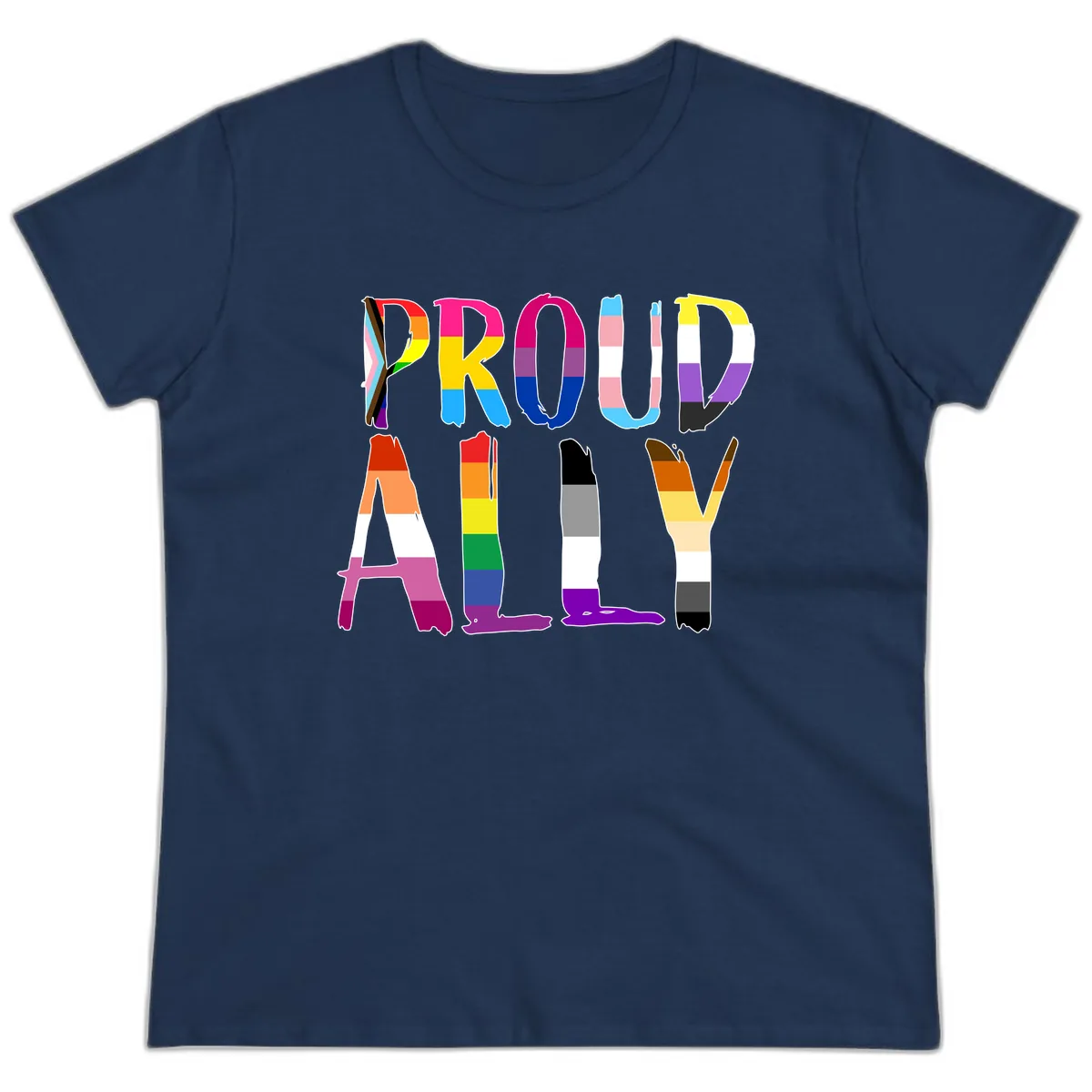 Proud Rainbow Letters Ladies Tee in Navy