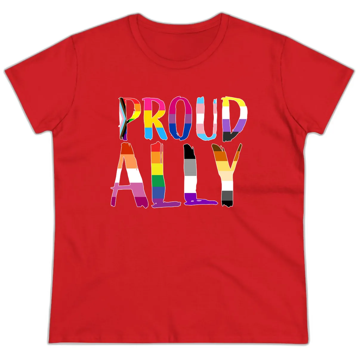 Proud Rainbow Letters Ladies Tee in Red