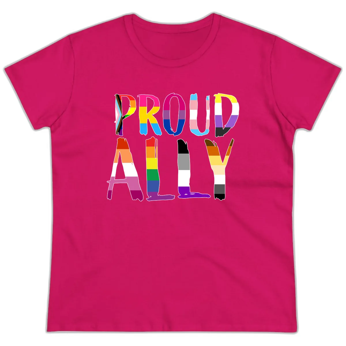 Proud Rainbow Letters Ladies Tee in Heliconia