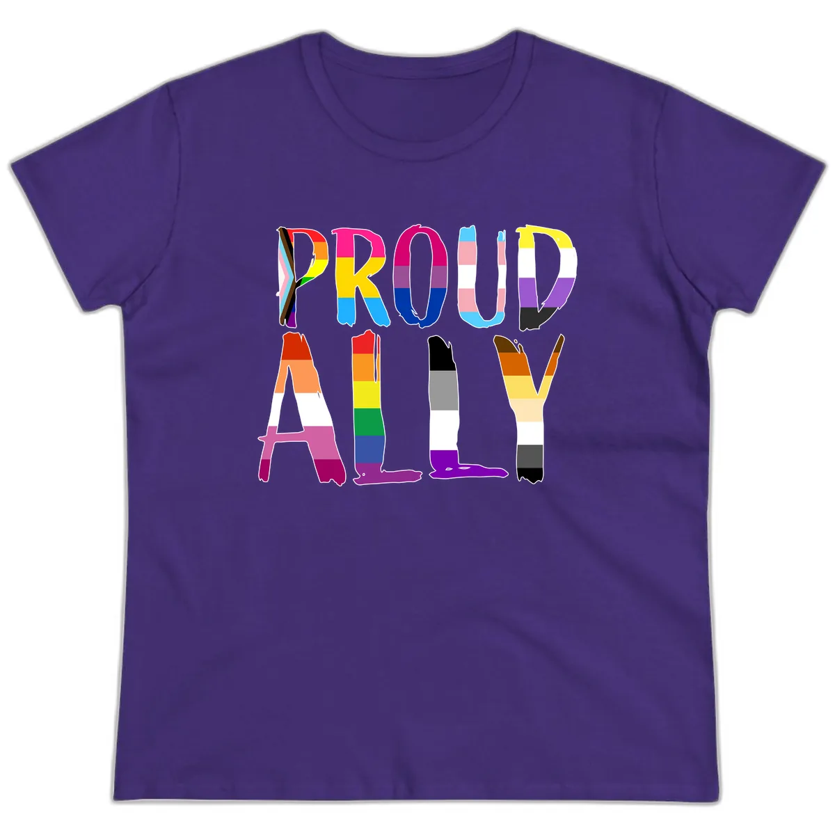 Proud Rainbow Letters Ladies Tee in Purple