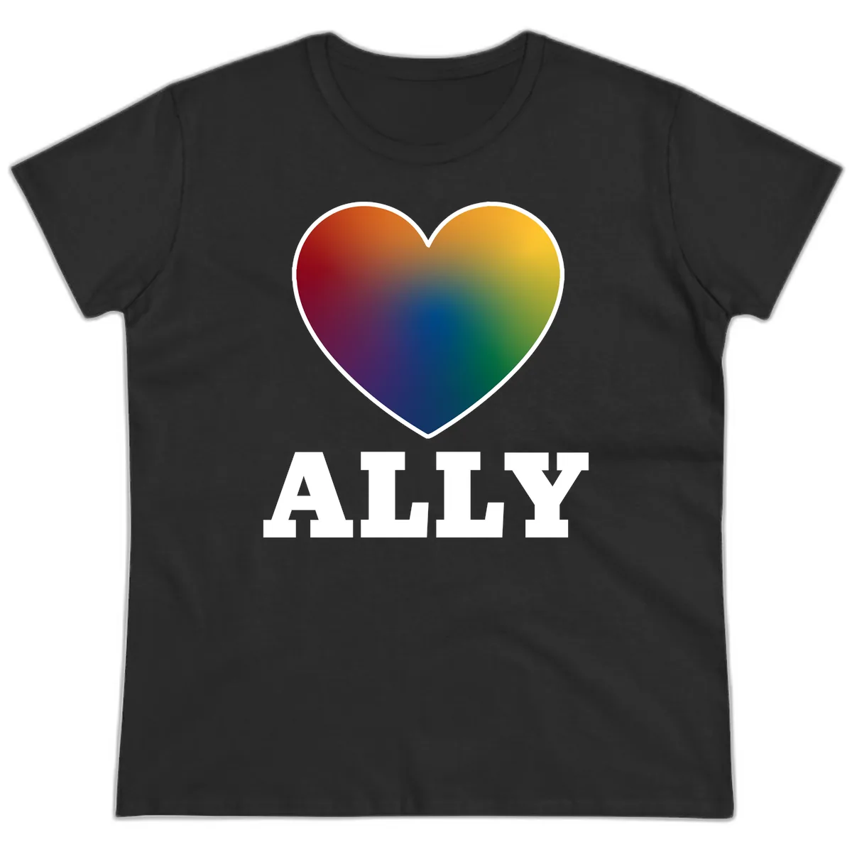 Ally Rainbow Heart Pride Design Ladies Tee in Black