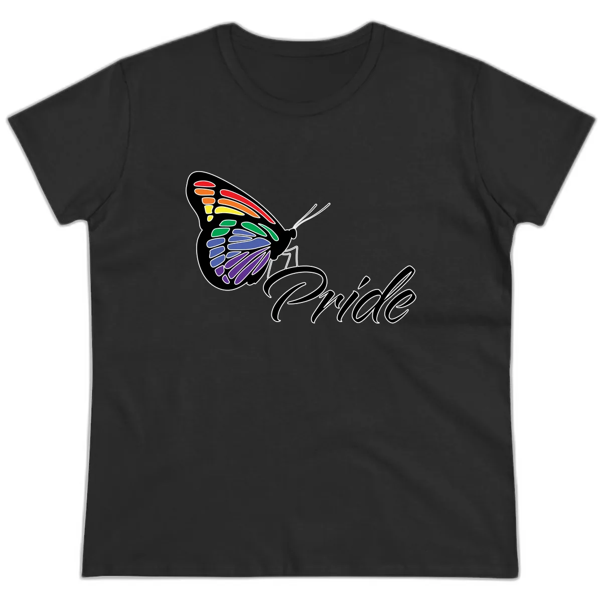 Pride Butterfly Rainbow Wings Ladies Tee in Black