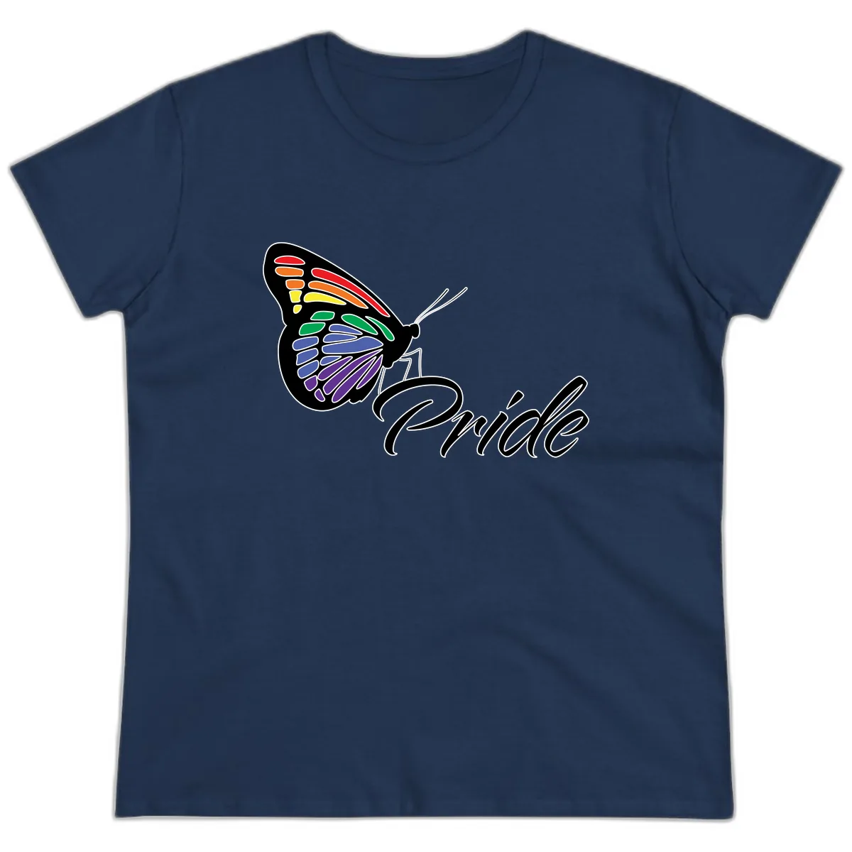 Pride Butterfly Rainbow Wings Ladies Tee in Navy
