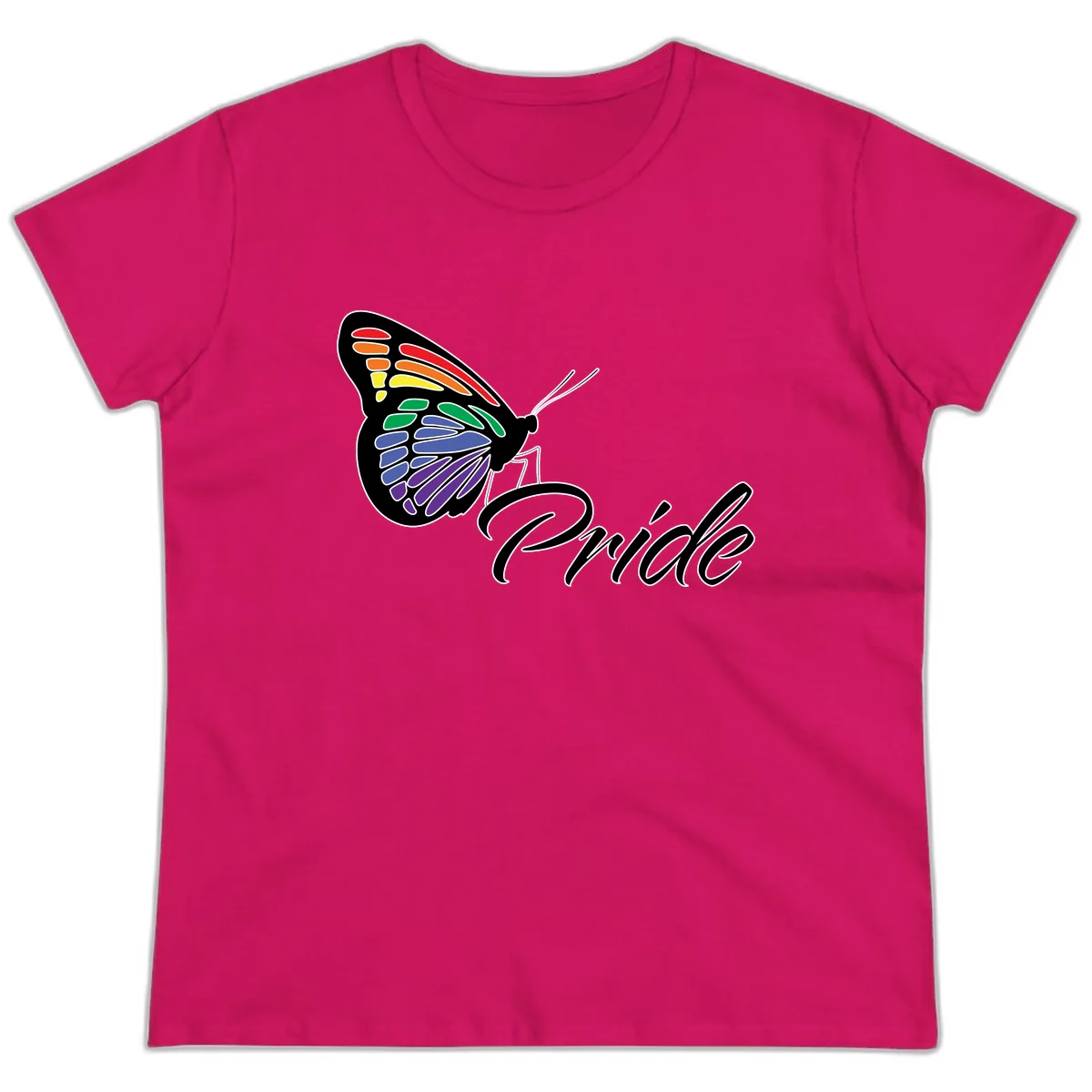 Pride Butterfly Rainbow Wings Ladies Tee in Heliconia