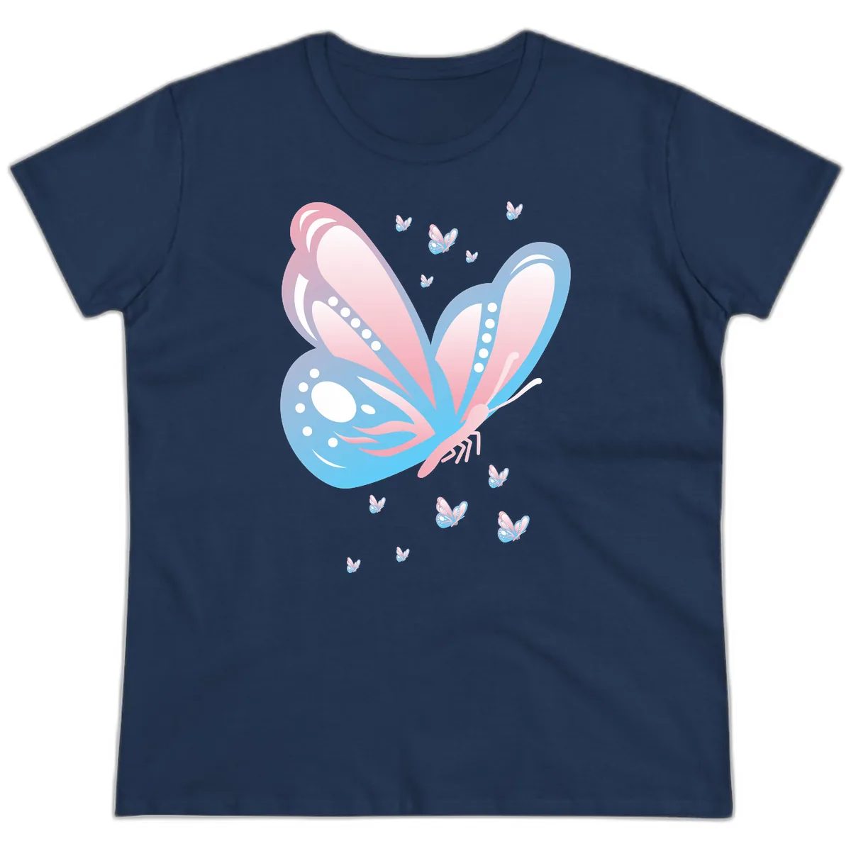 Butterfly Wings Pink Blue Ladies Tee in Navy