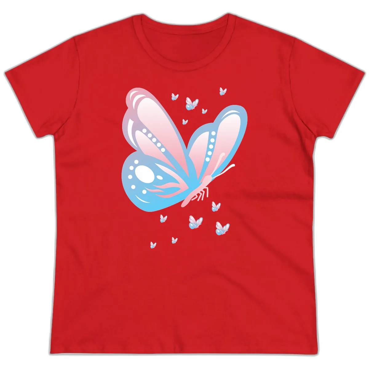 Butterfly Wings Pink Blue Ladies Tee in Red