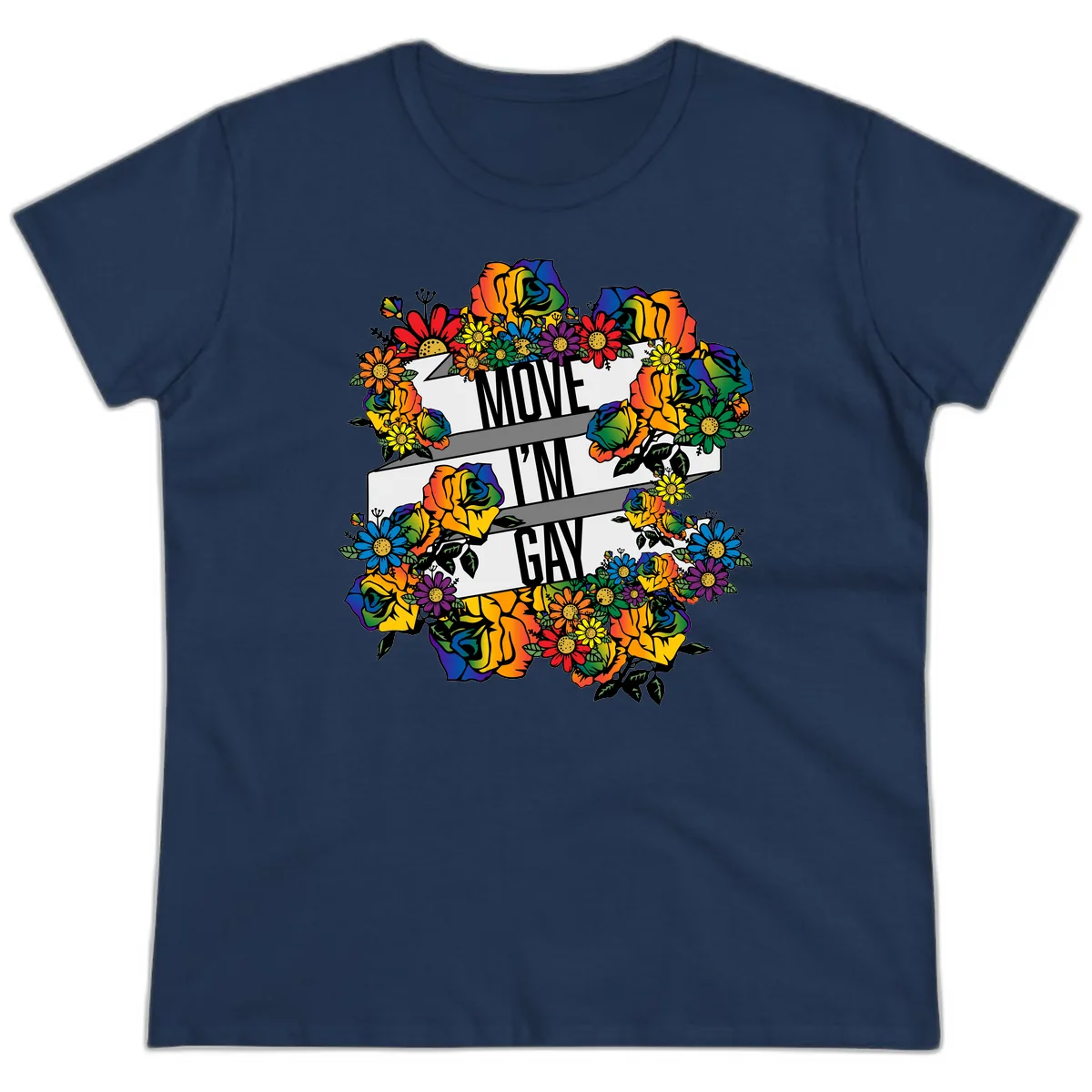 Move I'm Gay Floral Pride Ladies Tee in Navy