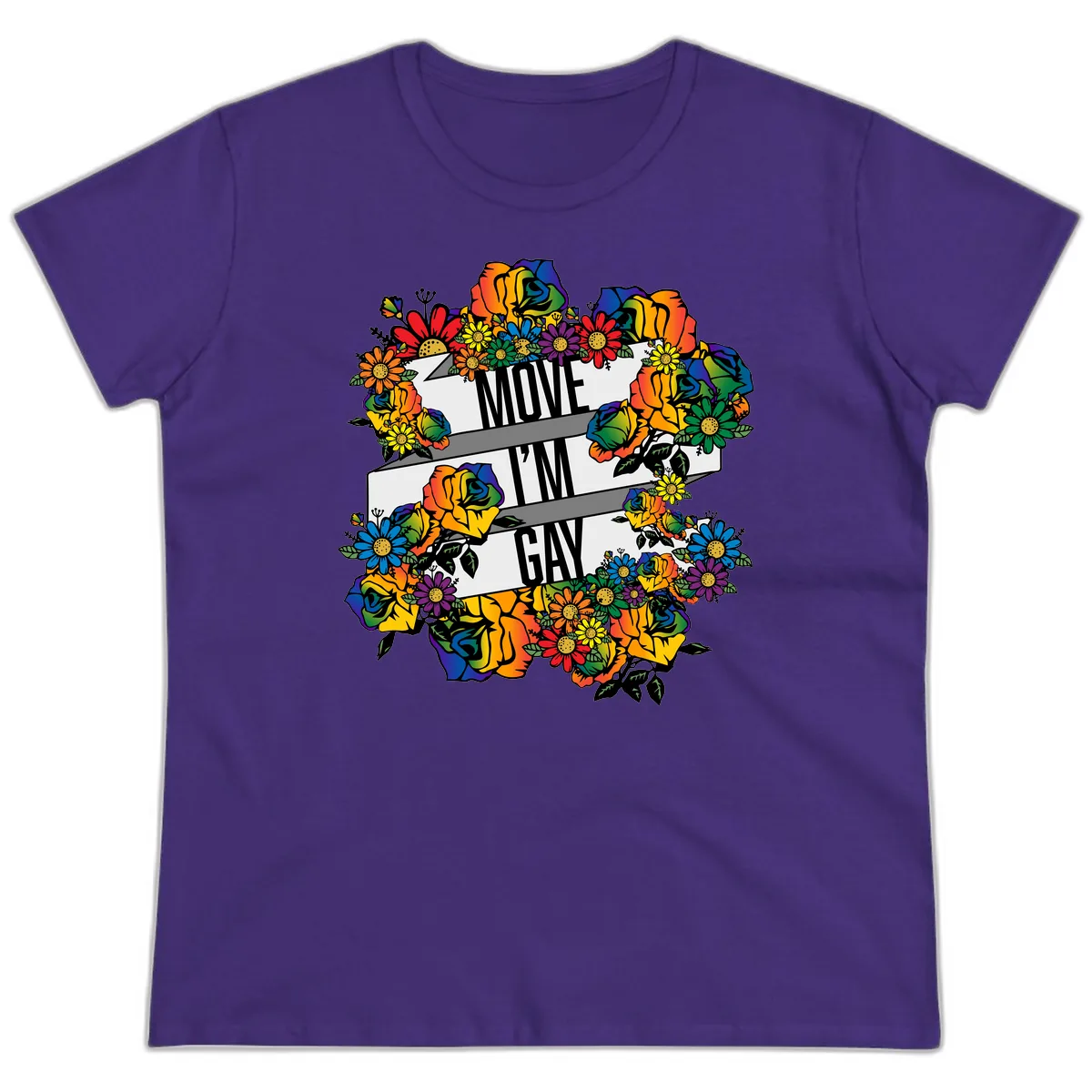 Move I'm Gay Floral Pride Ladies Tee in Purple