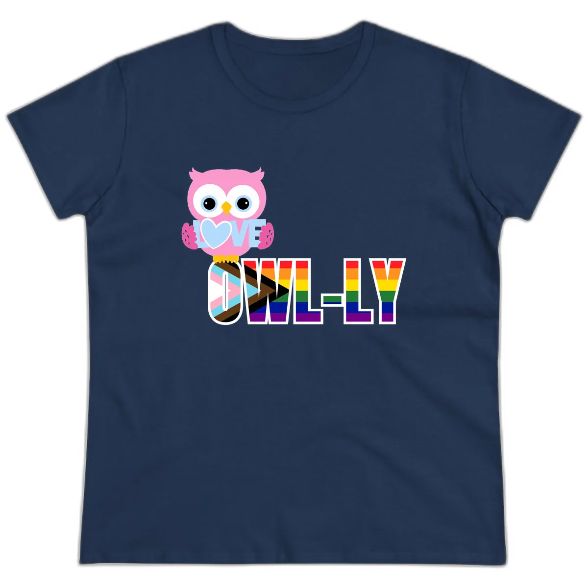 Owl Love Is Love Rainbow Pride Ladies Tee in Navy