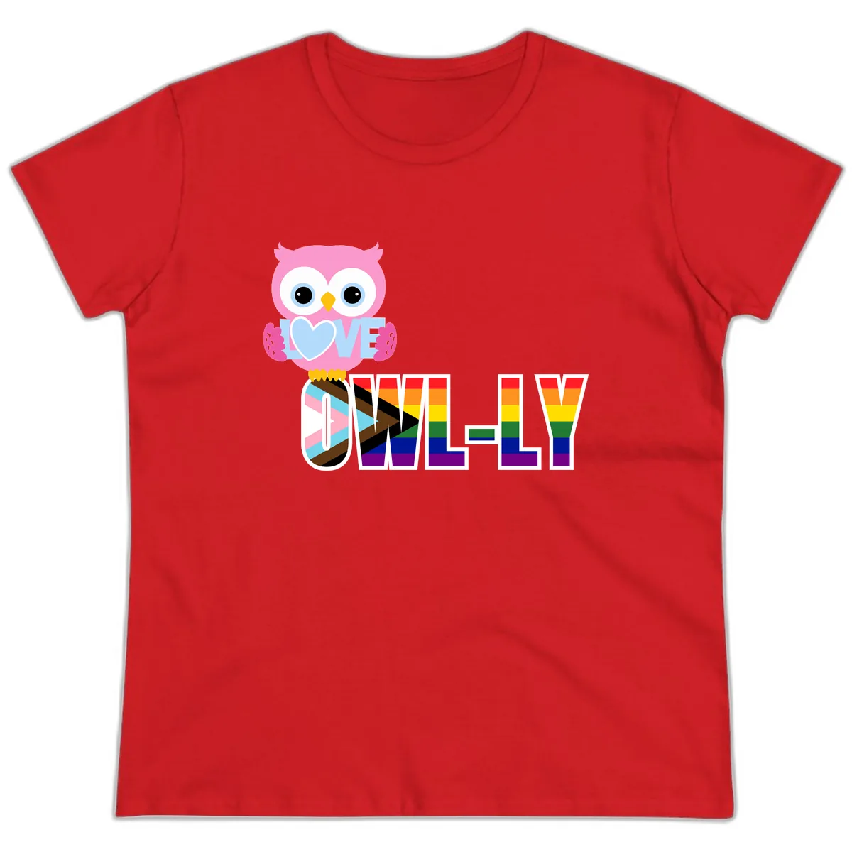 Owl Love Is Love Rainbow Pride Ladies Tee in Red