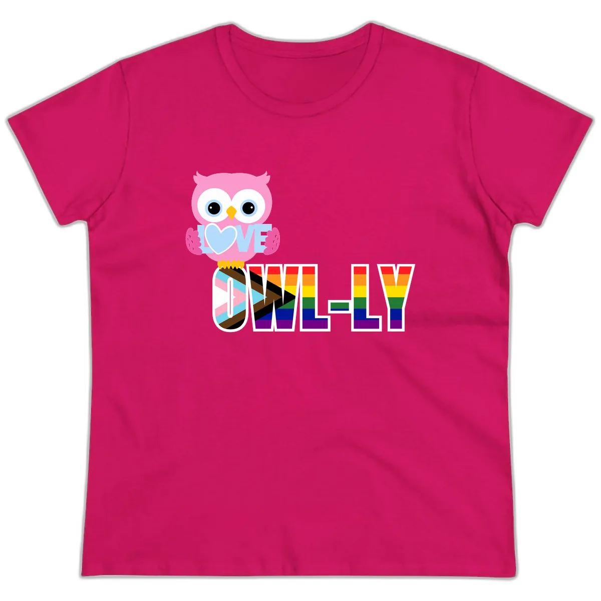 Owl Love Is Love Rainbow Pride Ladies Tee in Heliconia