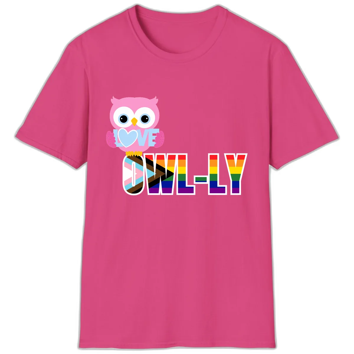 Owl Love Is Love Rainbow Pride T-Shirt in Heliconia