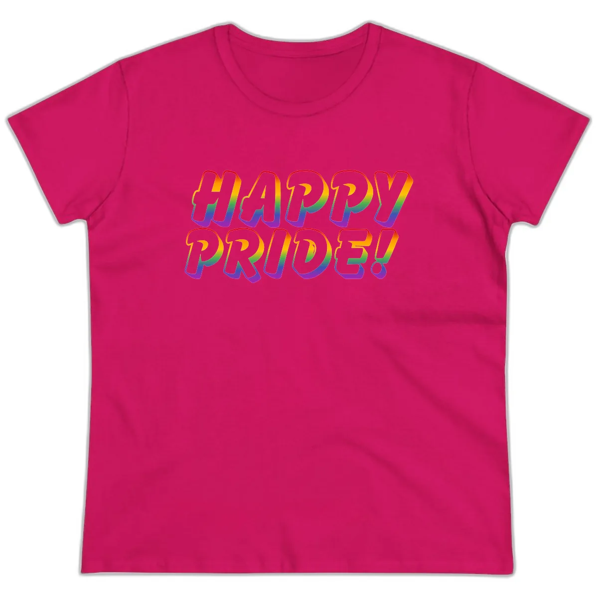 Happy Pride Rainbow Typography Ladies Tee in Heliconia