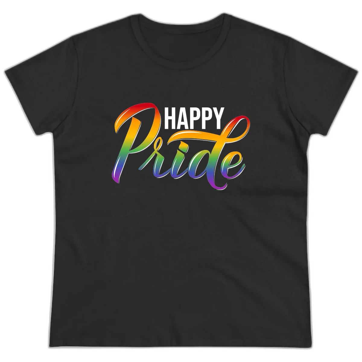 Happy Pride Rainbow Typography Ladies Tee in Black