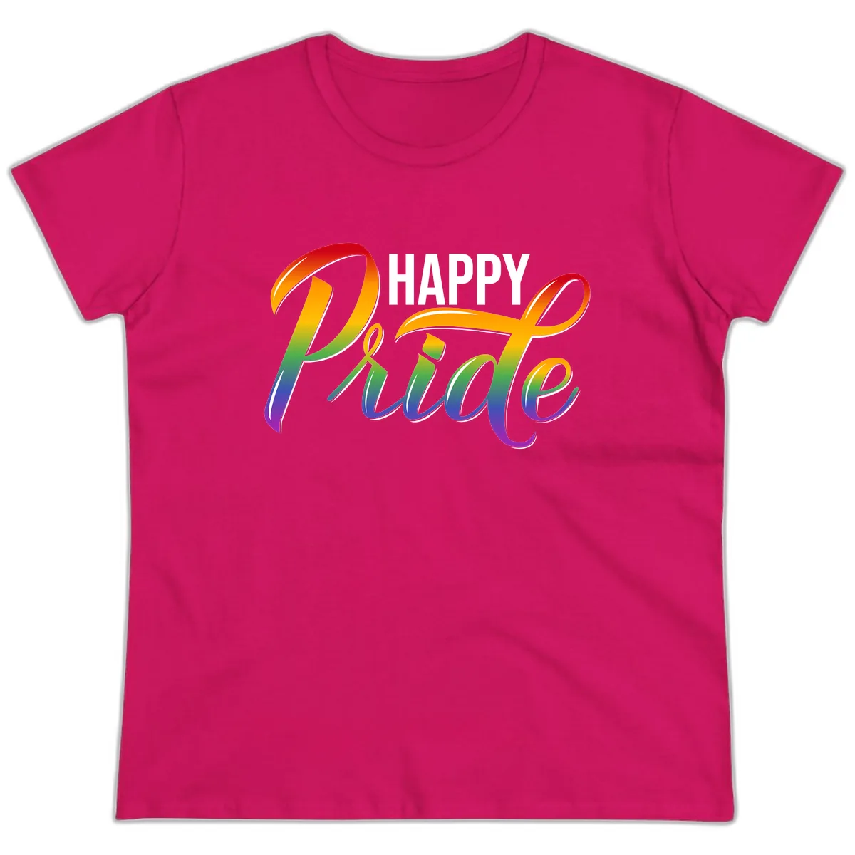 Happy Pride Rainbow Typography Ladies Tee in Heliconia