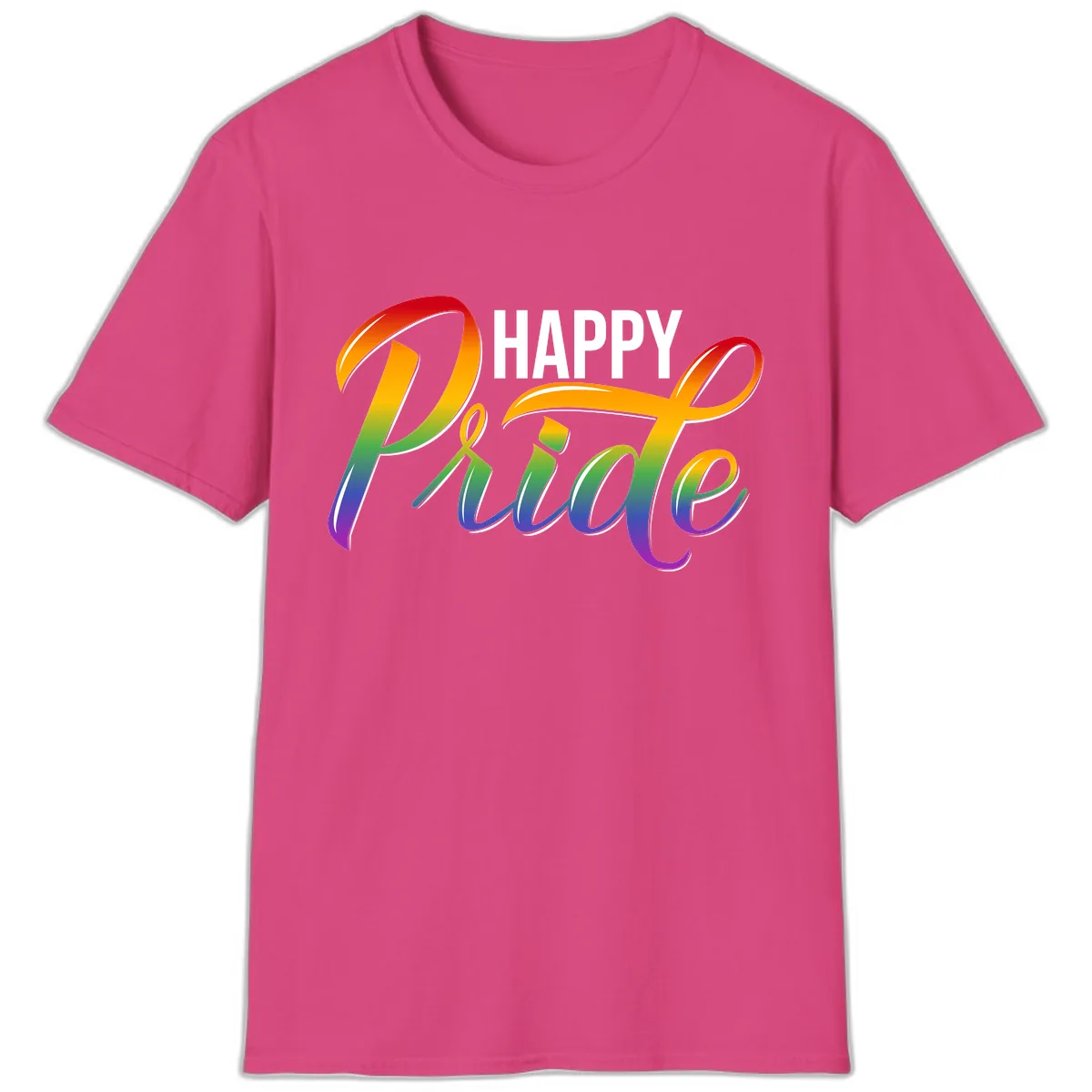 Happy Pride Rainbow Typography T-Shirt in Heliconia