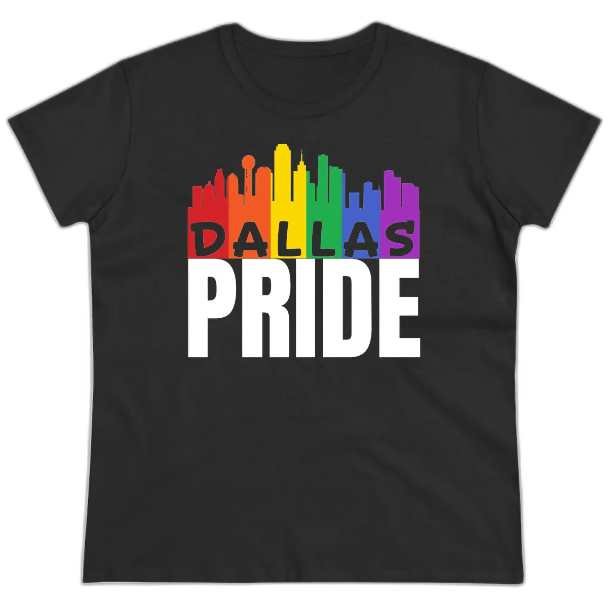 Dallas Pride Skyline Rainbow Ladies Tee in Black