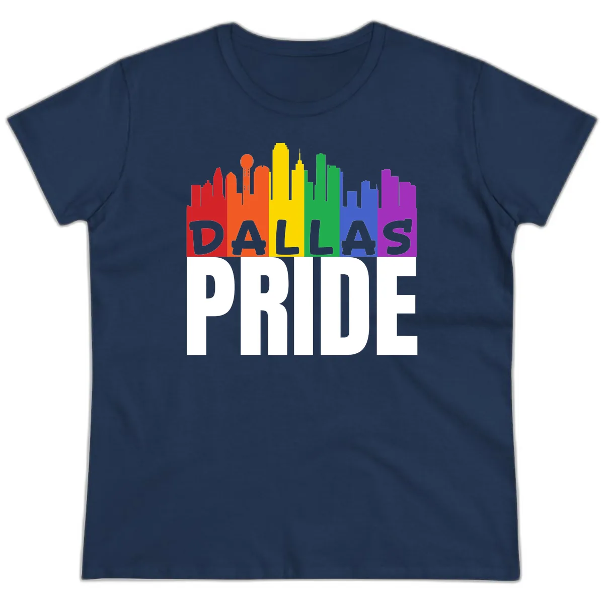 Dallas Pride Skyline Rainbow Ladies Tee in Navy