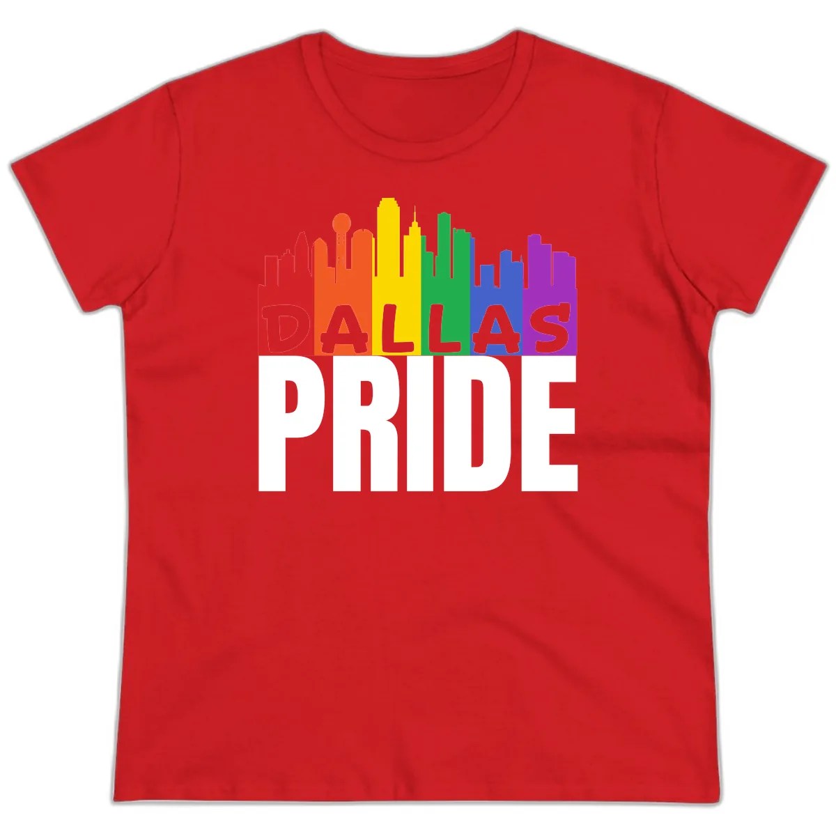 Dallas Pride Skyline Rainbow Ladies Tee in Red