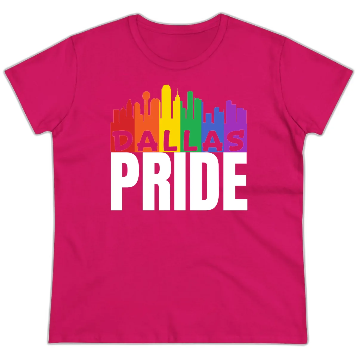 Dallas Pride Skyline Rainbow Ladies Tee in Heliconia