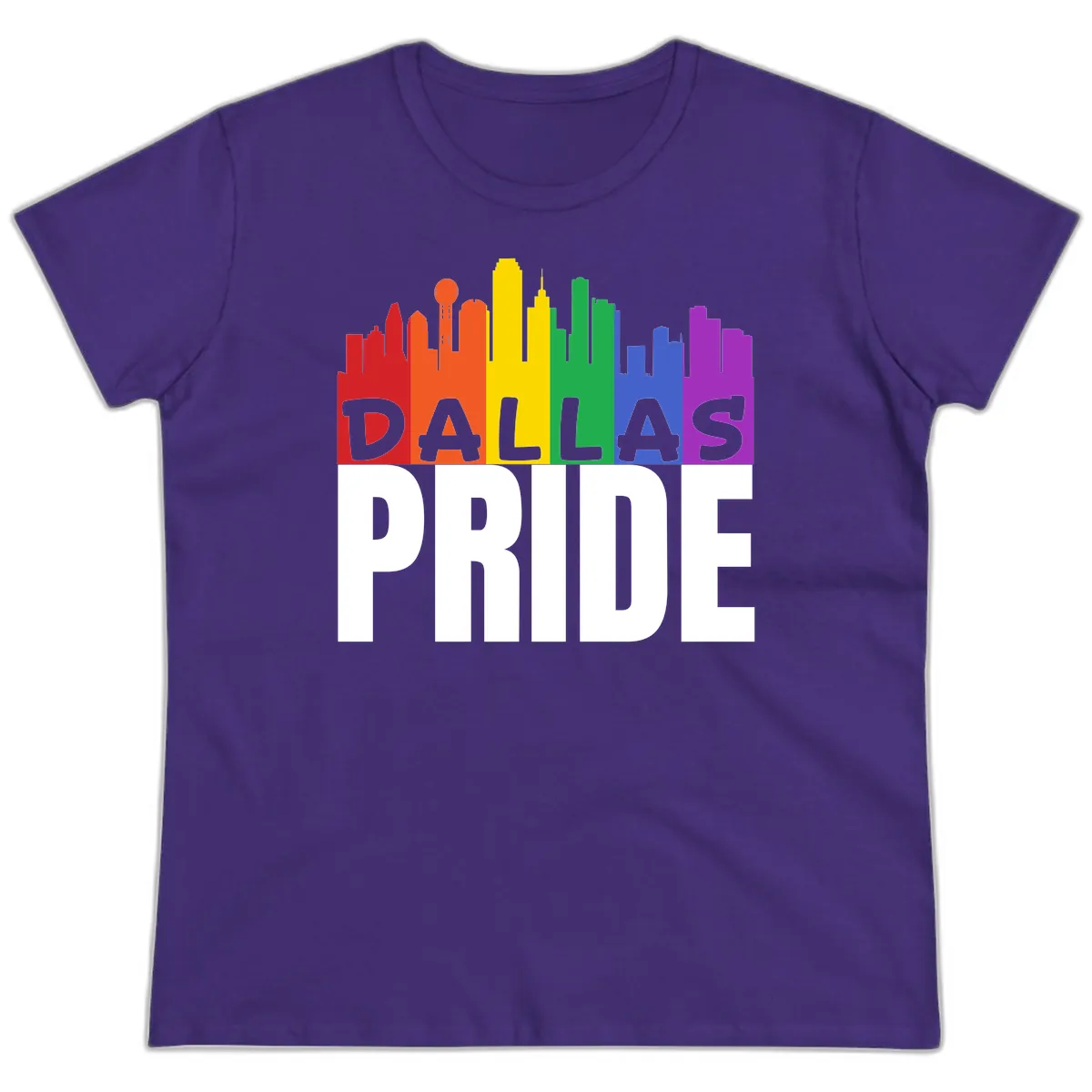 Dallas Pride Skyline Rainbow Ladies Tee in Purple