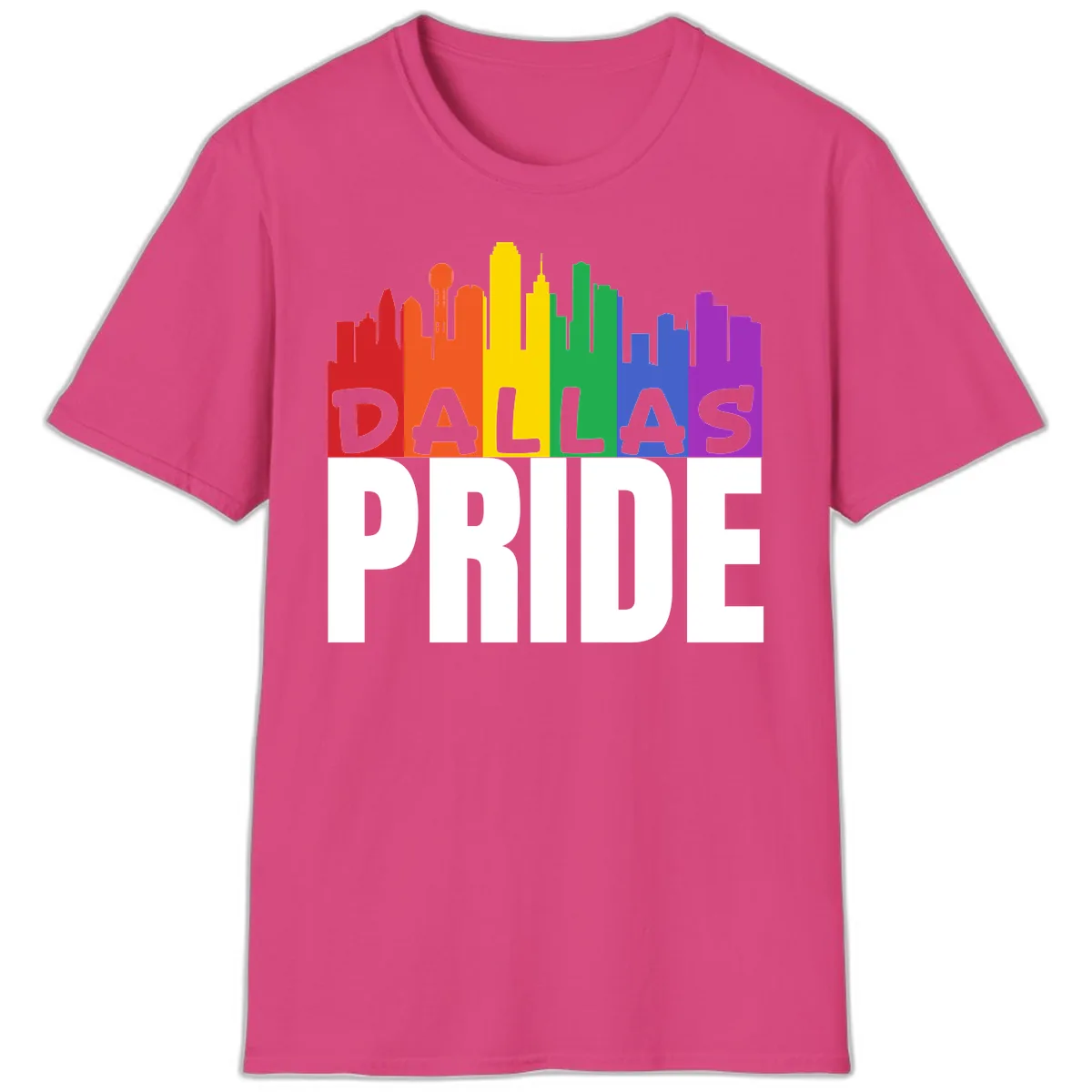 Dallas Pride Skyline Rainbow T-Shirt in Heliconia