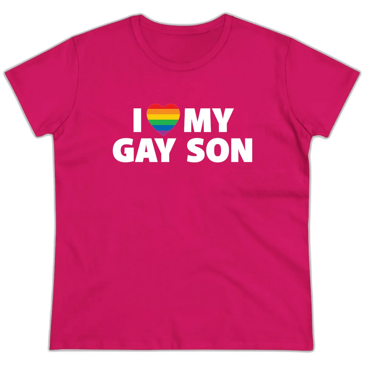 I Love My Gay Son Pride Heart Ladies Tee in Heliconia
