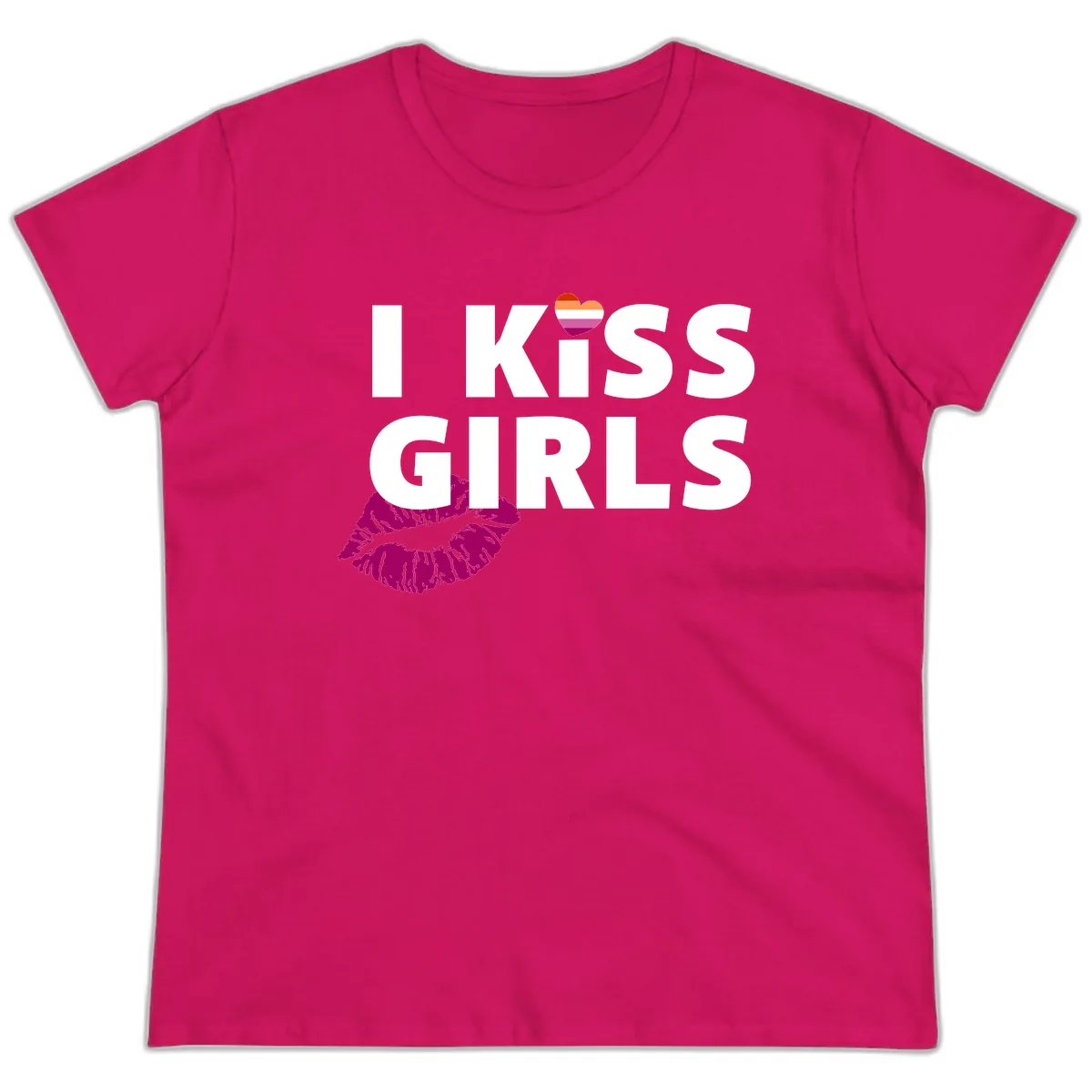 I Kiss Girls Ladies Tee in Heliconia