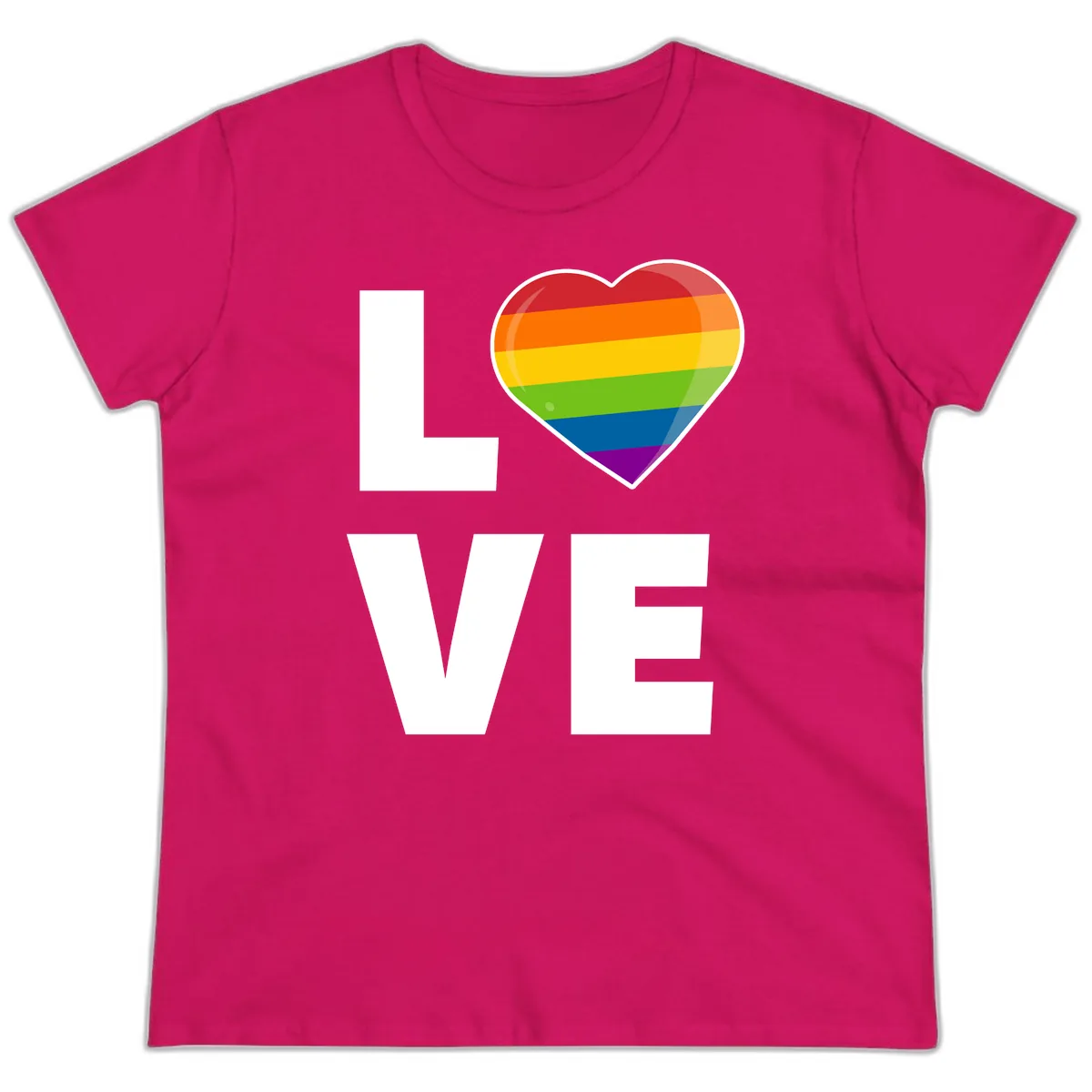 Love Is Love Rainbow Heart Ladies Tee in Heliconia