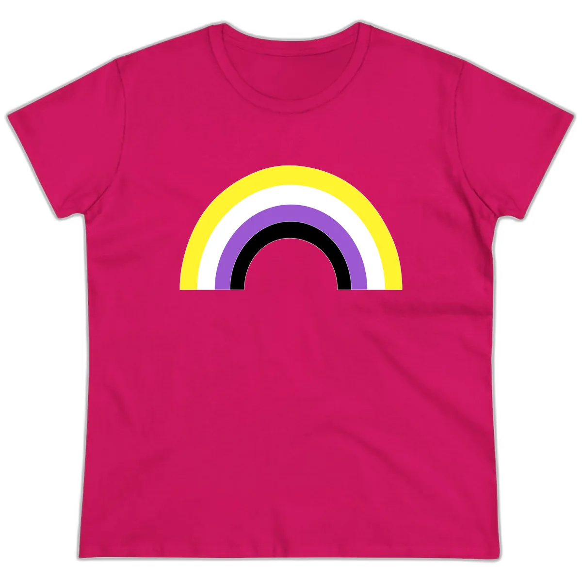 Concentric Rainbow Pride Arc Ladies Tee in Heliconia