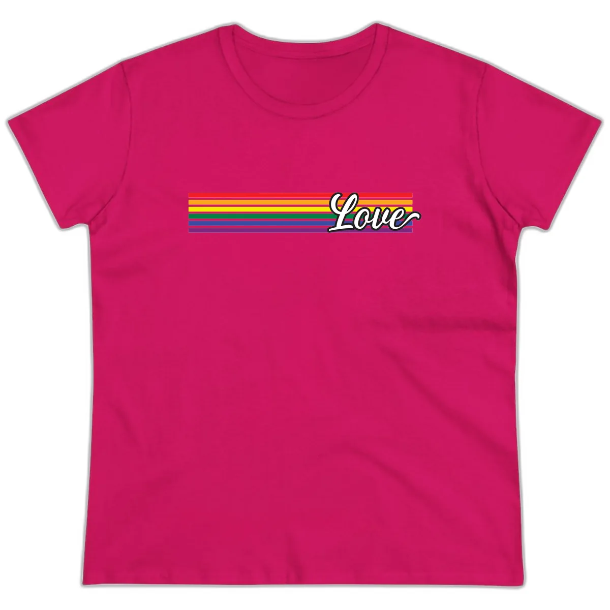 Love Pride Rainbow Stripes Ladies Tee in Heliconia