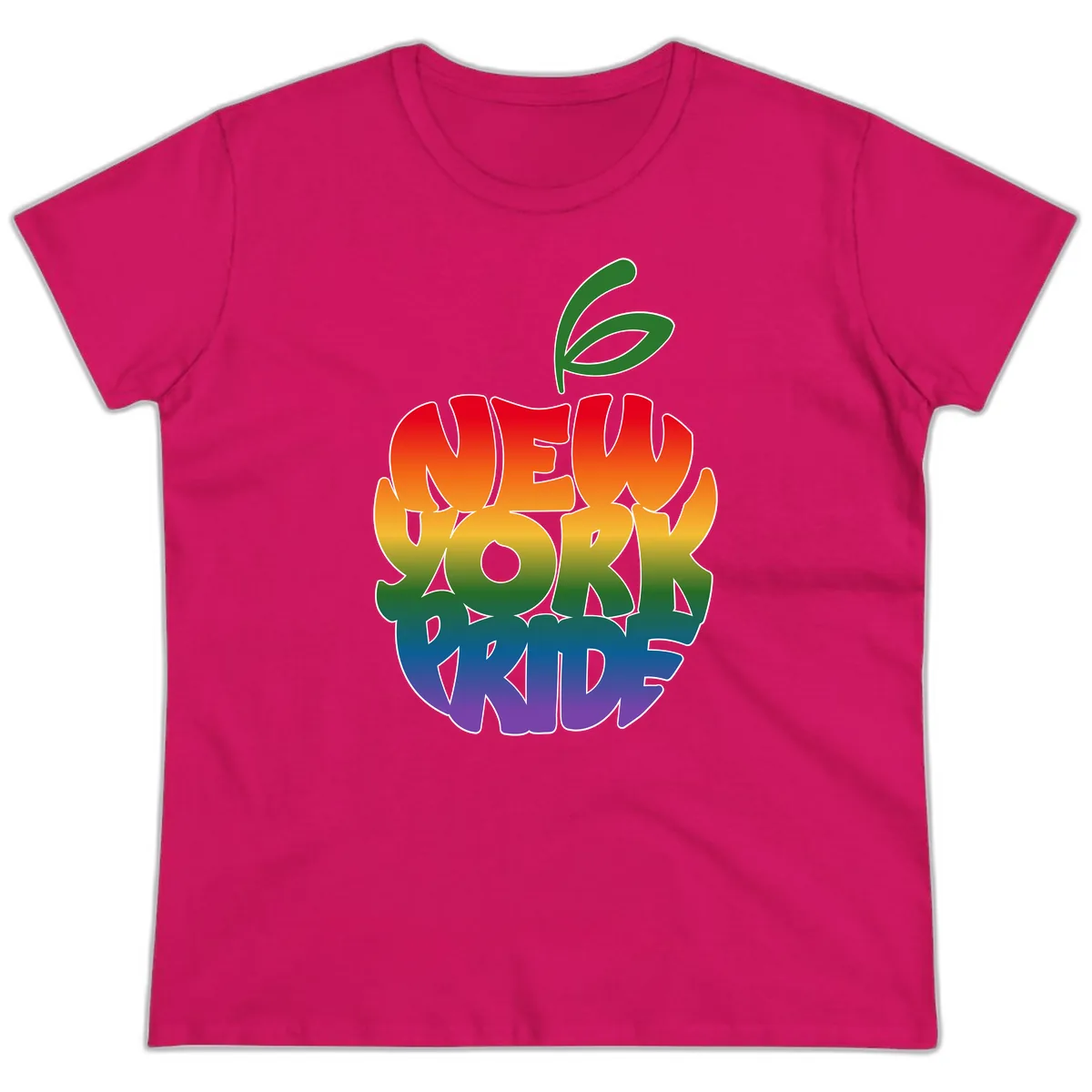 New York Pride Rainbow Apple Design Ladies Tee in Heliconia