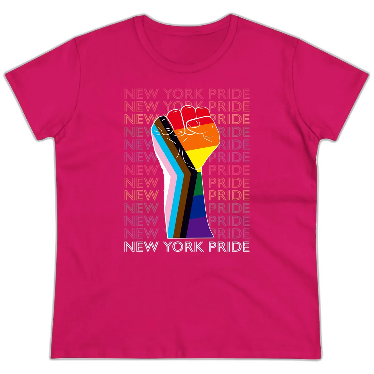 New York Pride Fist Ladies Tee in Heliconia