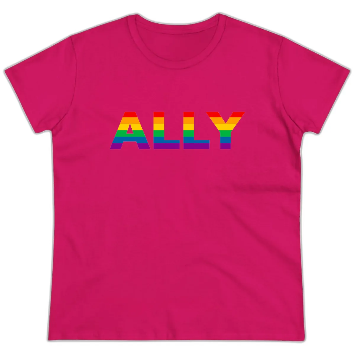 Pride Rainbow Letters ALLY Ladies Tee in Heliconia