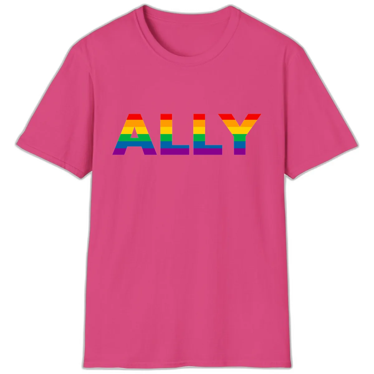 Pride Rainbow Letters ALLY T-Shirt in Heliconia