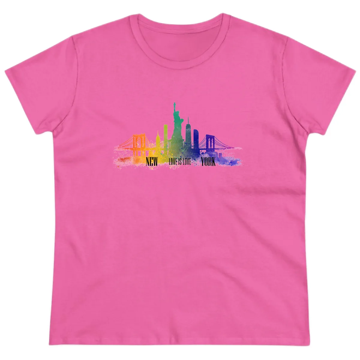 New York Love Is Love Pride Skyline Ladies Tee in Azalea