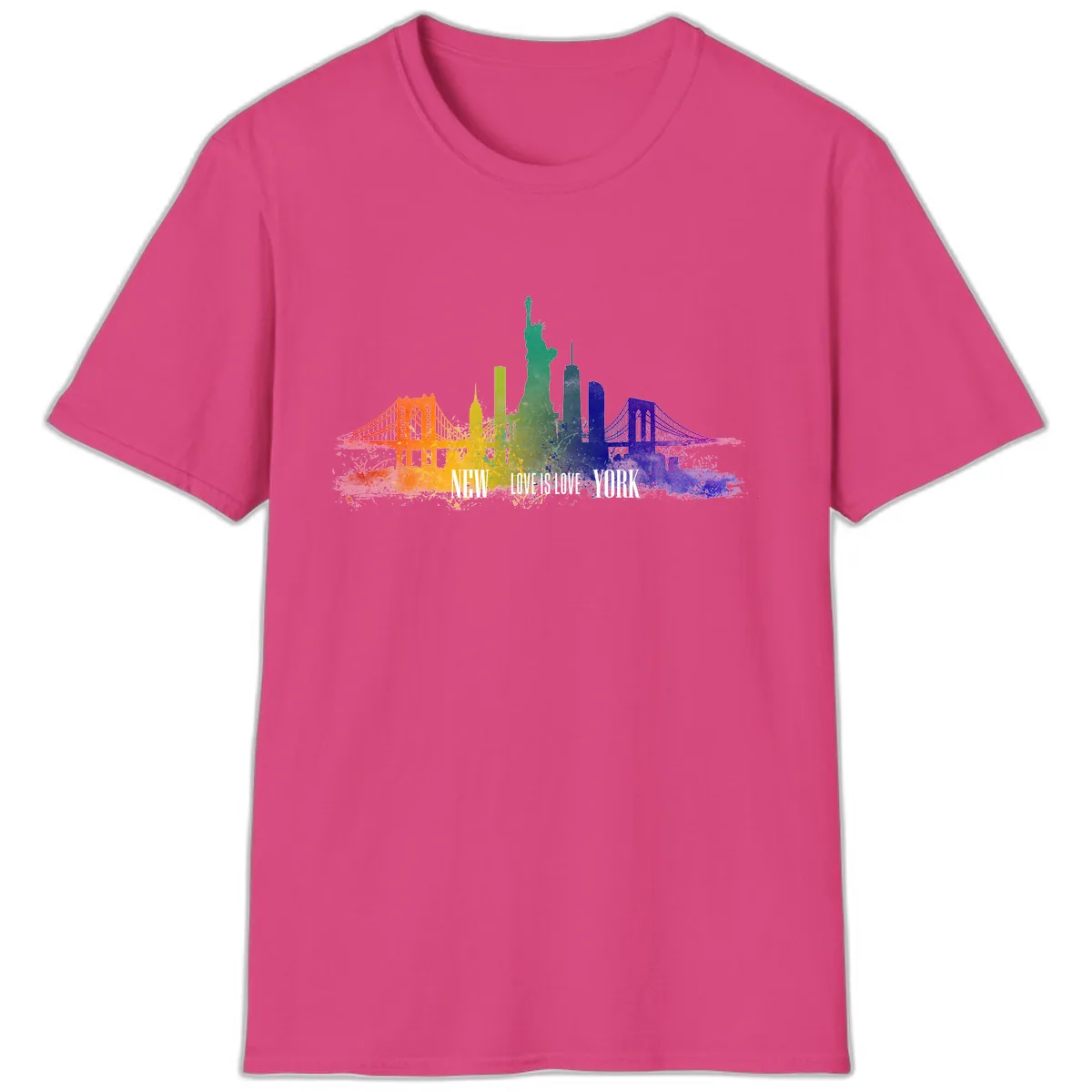 New York Love Is Love Pride Skyline T-Shirt in Heliconia