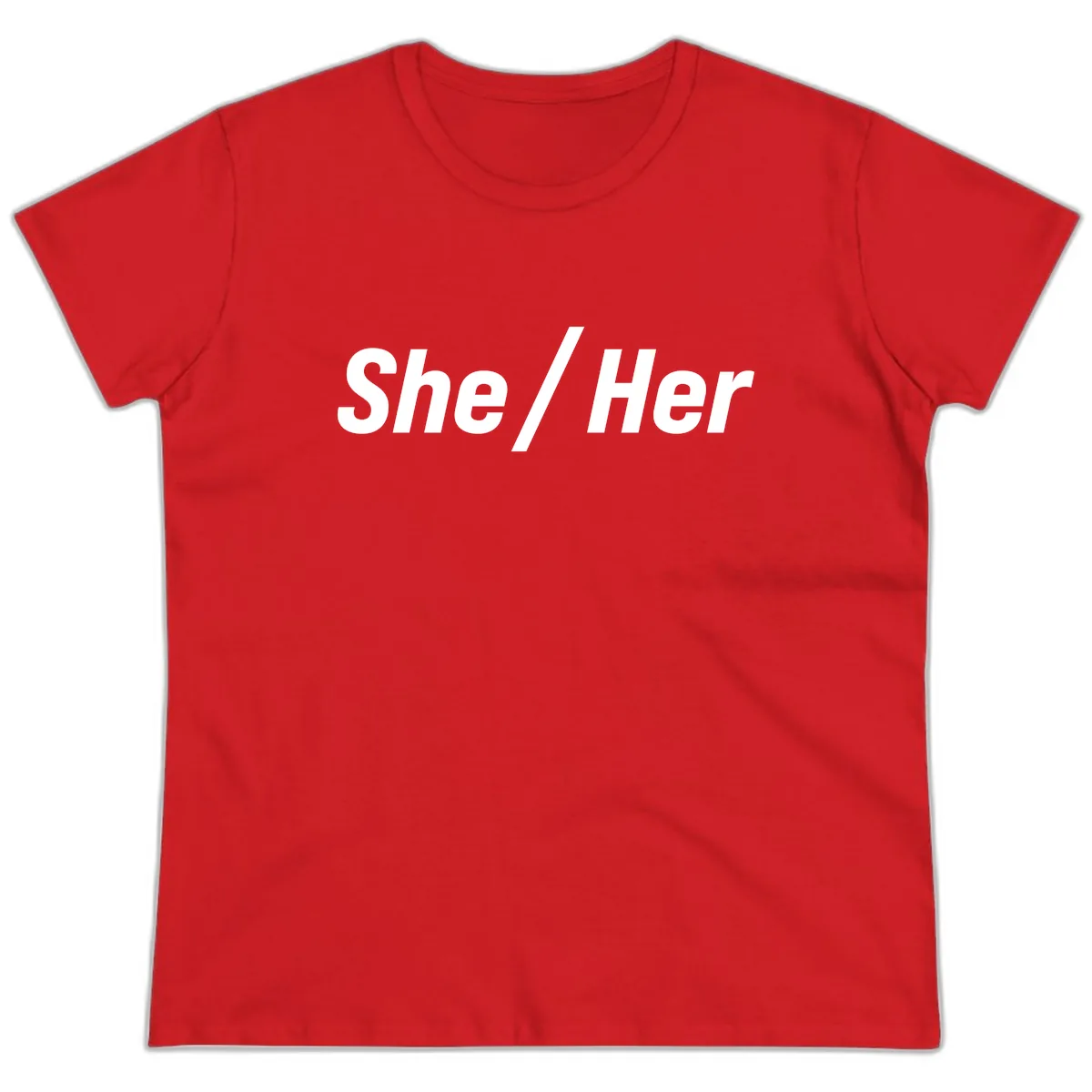She/Her Pronoun Statement Ladies Tee in Red