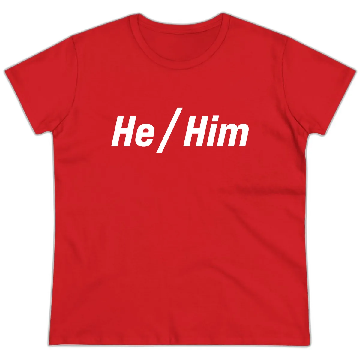 He Slash Him Pronoun Pride Ladies Tee in Red