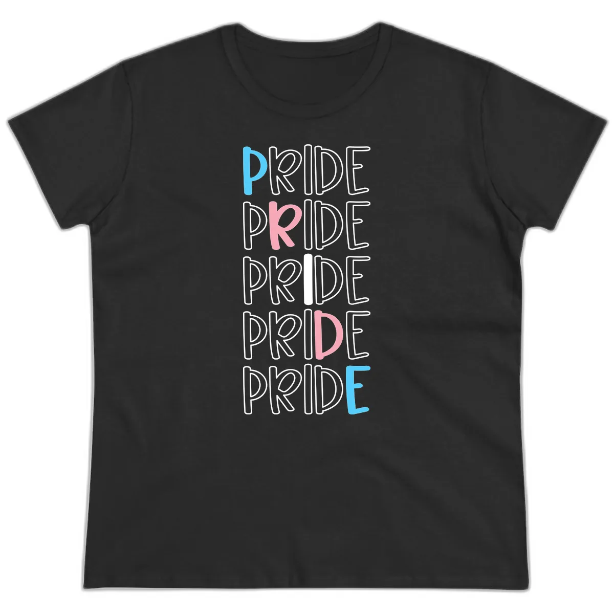 Pride Stacked Rainbow Text Design Ladies Tee in Black