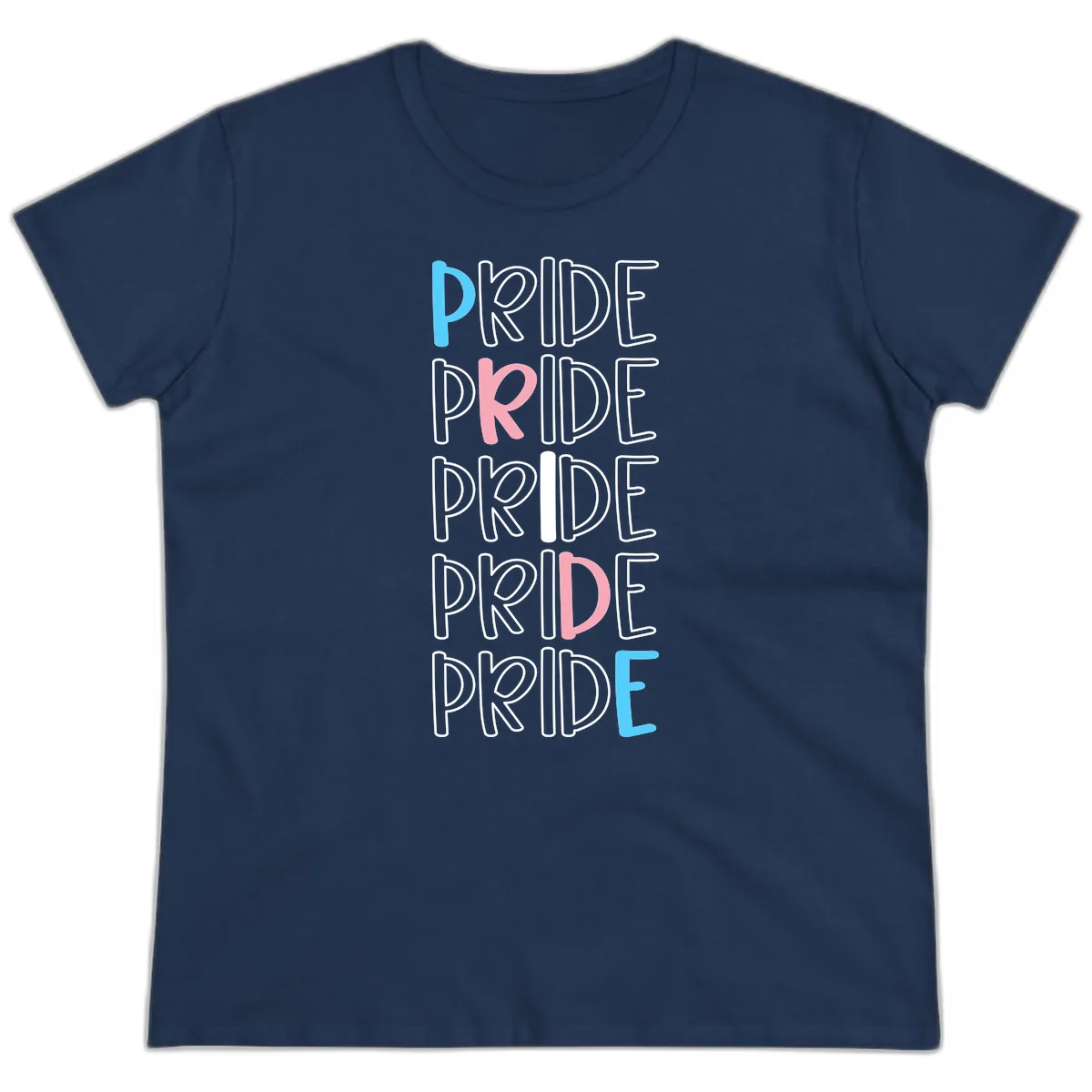 Pride Stacked Rainbow Text Design Ladies Tee in Navy