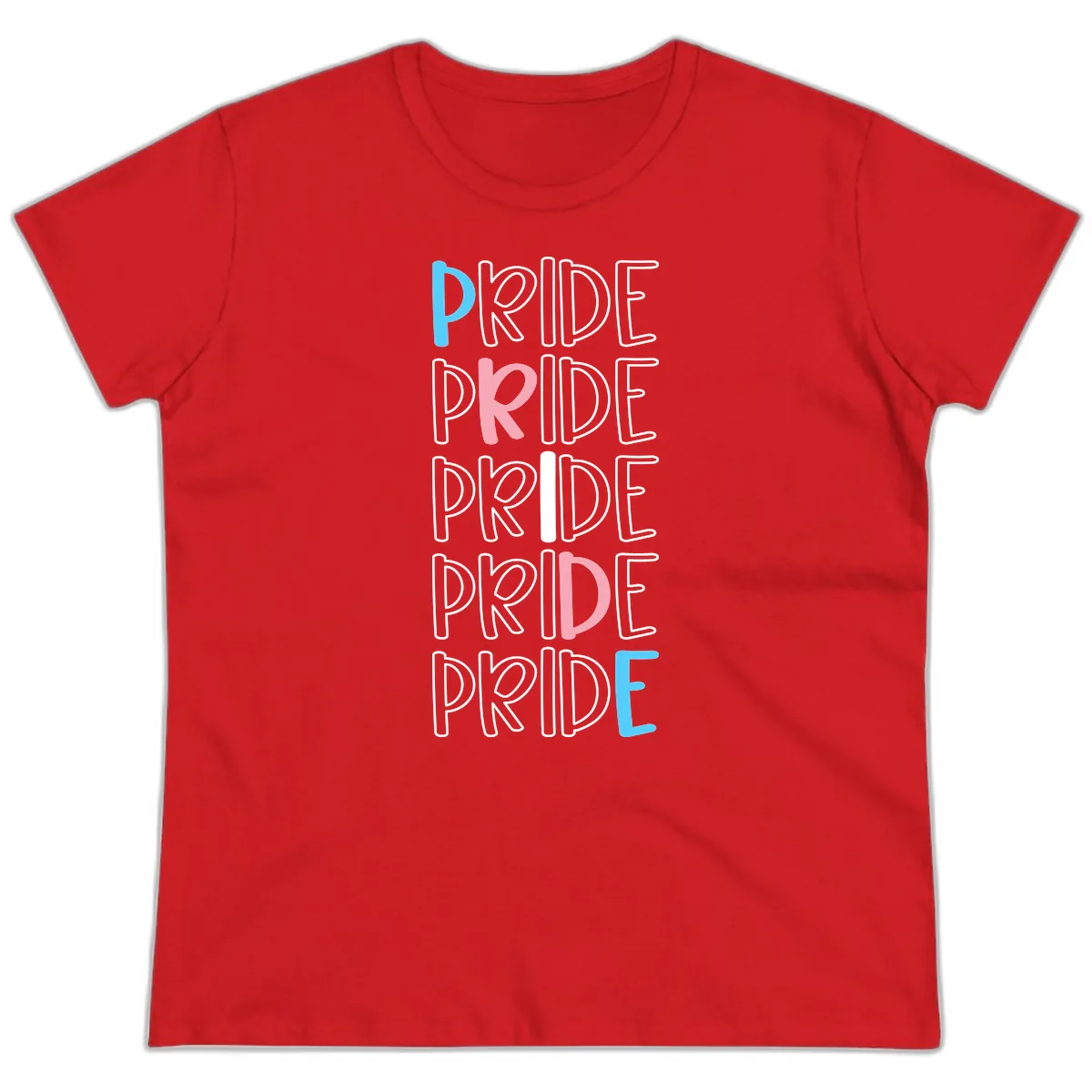 Pride Stacked Rainbow Text Design Ladies Tee in Red