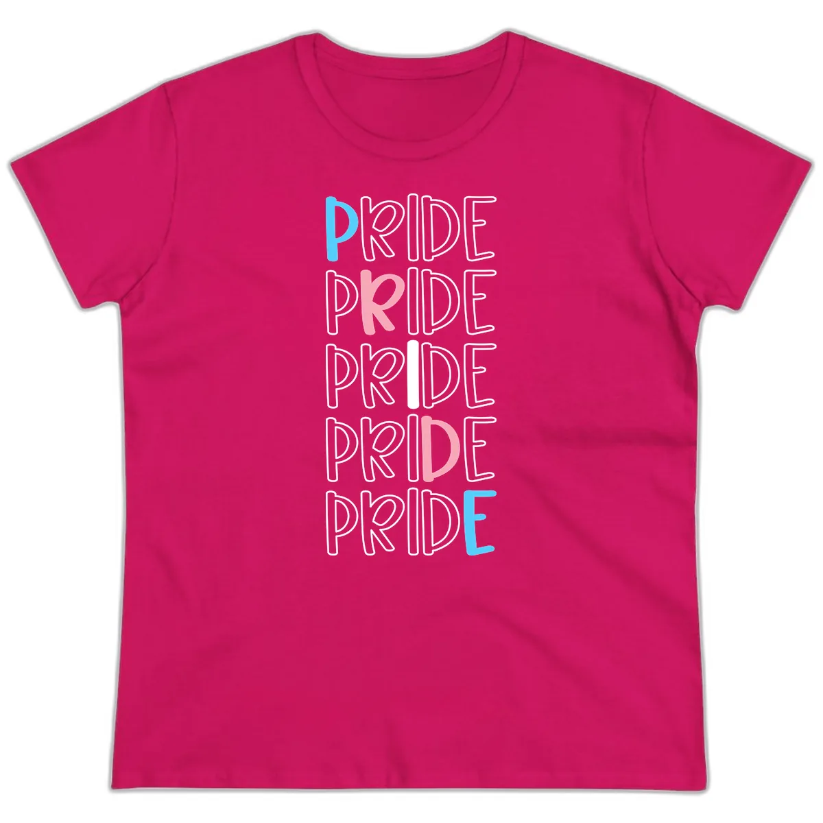 Pride Stacked Rainbow Text Design Ladies Tee in Heliconia
