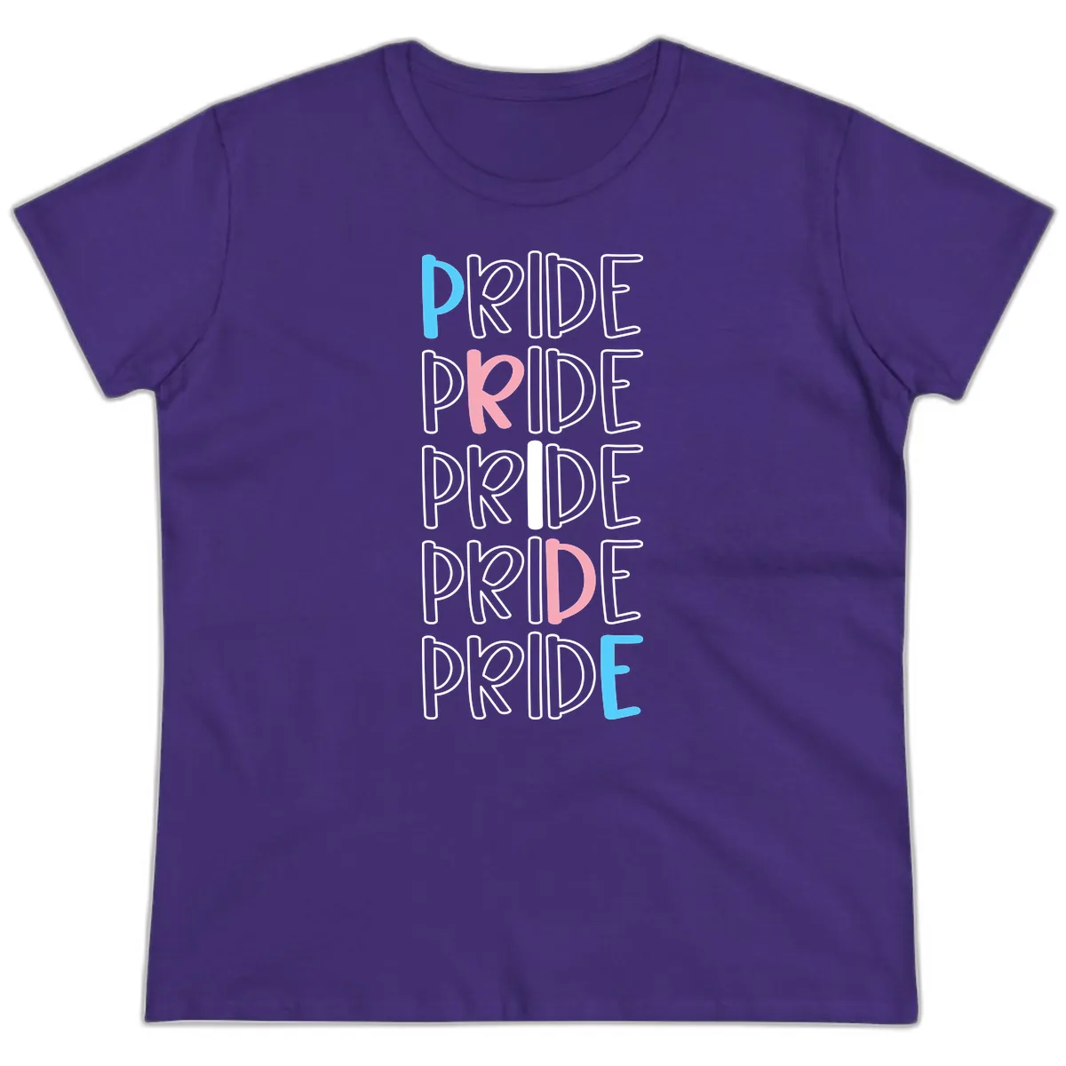Pride Stacked Rainbow Text Design Ladies Tee in Purple
