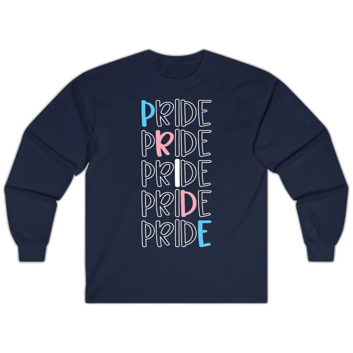 Pride Stacked Rainbow Text Design Long Sleeve in Navy