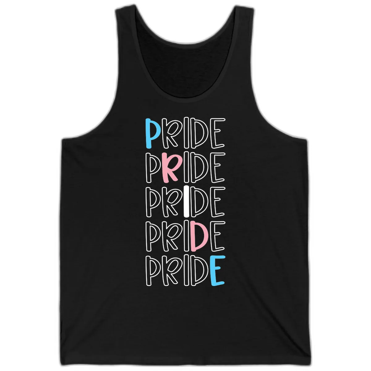 Pride Stacked Rainbow Text Design Tank in Black