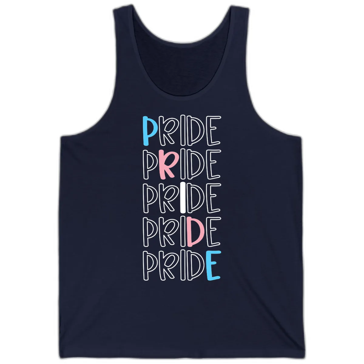 Pride Stacked Rainbow Text Design Tank in Navy