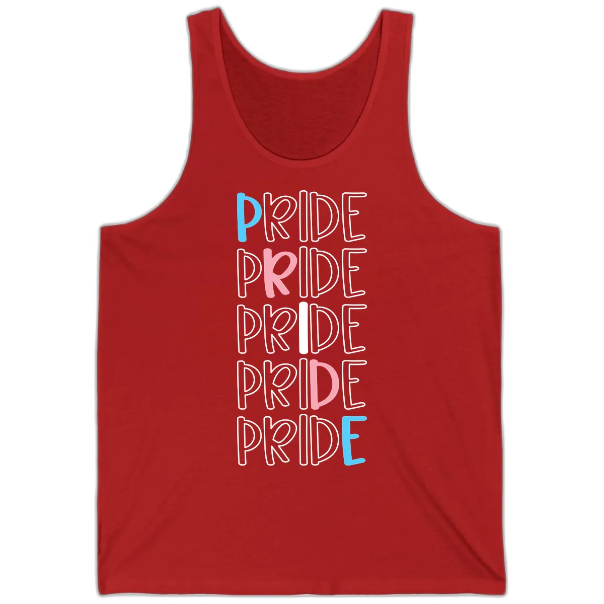 Pride Stacked Rainbow Text Design Tank in Red