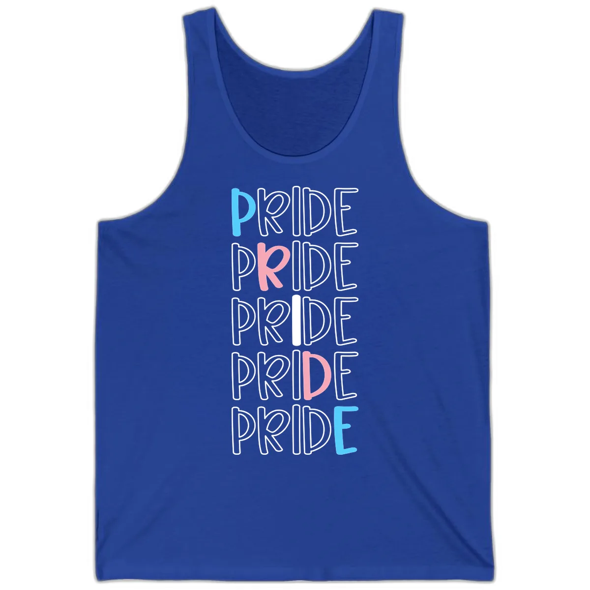 Pride Stacked Rainbow Text Design Tank in True Royal