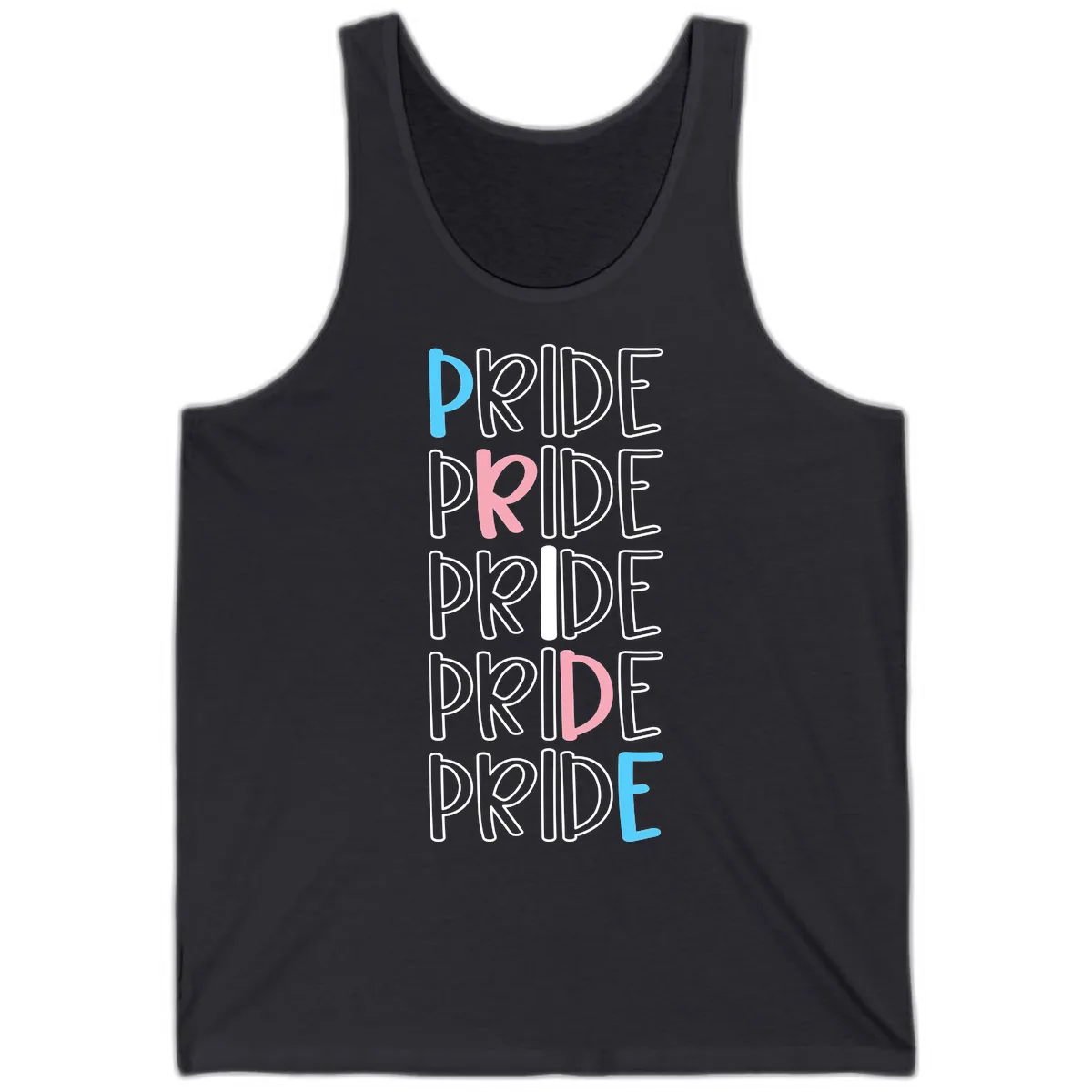 Pride Stacked Rainbow Text Design Tank in Dark Grey
